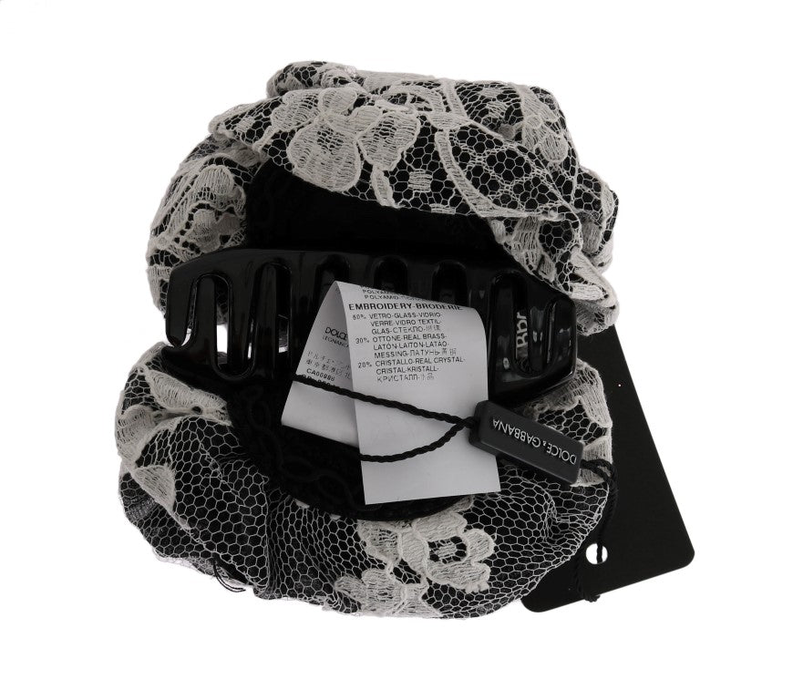 Pince à Cheveux Dolce & Gabbana en Cristal, Dentelle et Motif Floral Noire et Blanche
