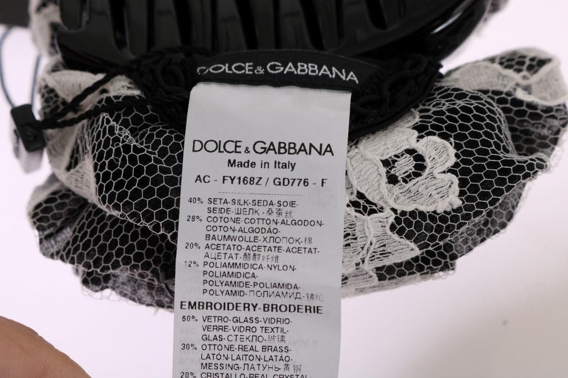 Pince à Cheveux Dolce & Gabbana en Cristal, Dentelle et Motif Floral Noire et Blanche