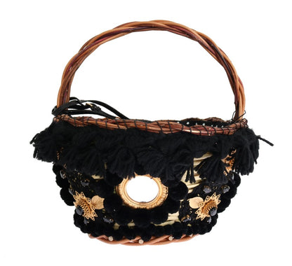 Sac AGNESE Dolce & Gabbana en paille beige, serpent, pompon et cristal