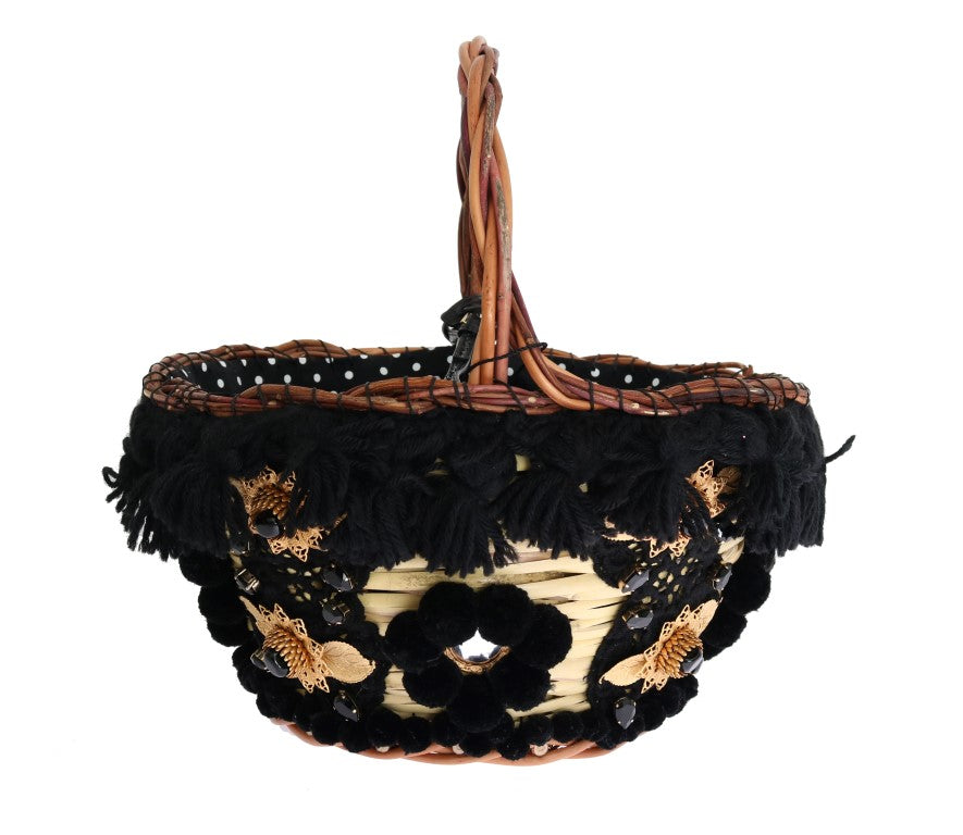 Sac AGNESE Dolce & Gabbana en paille beige, serpent, pompon et cristal