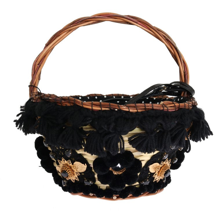 Sac AGNESE Dolce & Gabbana en paille beige, serpent, pompon et cristal