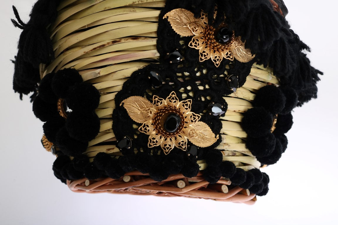 Sac AGNESE Dolce & Gabbana en paille beige, serpent, pompon et cristal