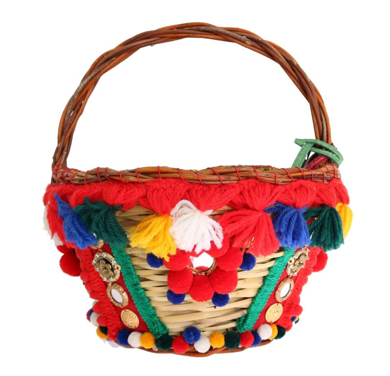 Sac Dolce & Gabbana Agnese en paille multicolore à cristaux et pompons