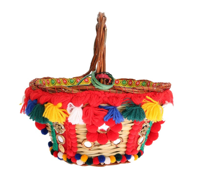 Sac Dolce & Gabbana Agnese en paille multicolore à cristaux et pompons