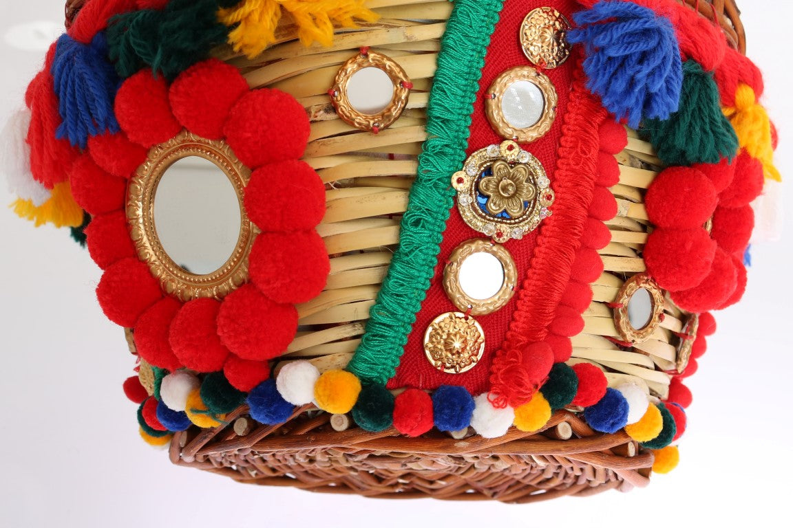 Sac Dolce & Gabbana Agnese en paille multicolore à cristaux et pompons