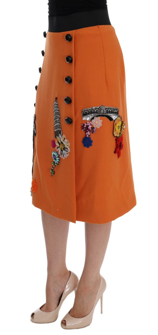 Jupe Dolce & Gabbana en Laine Orange avec Appliques de Paillettes en Cristal