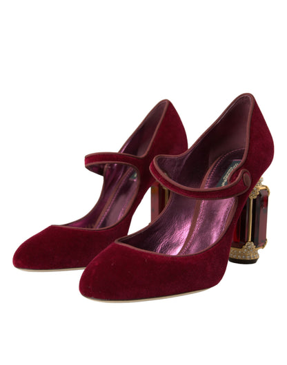 Escarpins Mary Jane en velours rouge et cristaux dorés Dolce & Gabbana