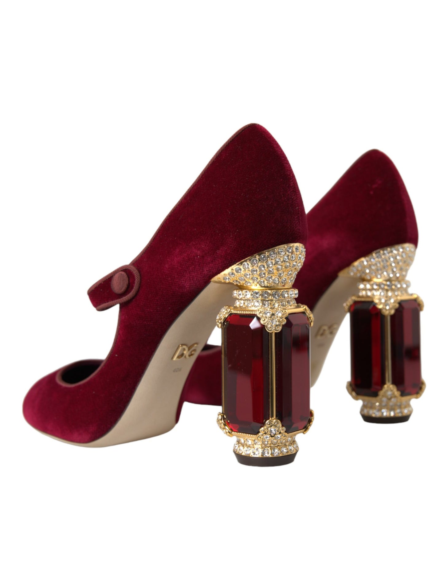 Escarpins Mary Jane en velours rouge et cristaux dorés Dolce & Gabbana
