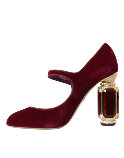 Escarpins Mary Jane en velours rouge et cristaux dorés Dolce & Gabbana
