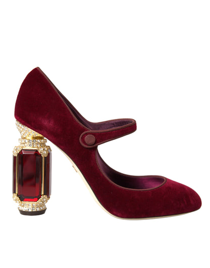 Escarpins Mary Jane en velours rouge et cristaux dorés Dolce & Gabbana