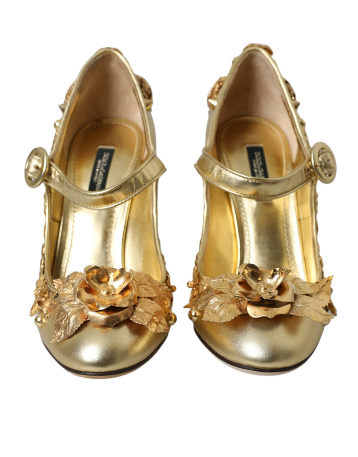 Chaussures Escarpins Mary Janes en Cuir Doré et Cristal Dolce & Gabbana
