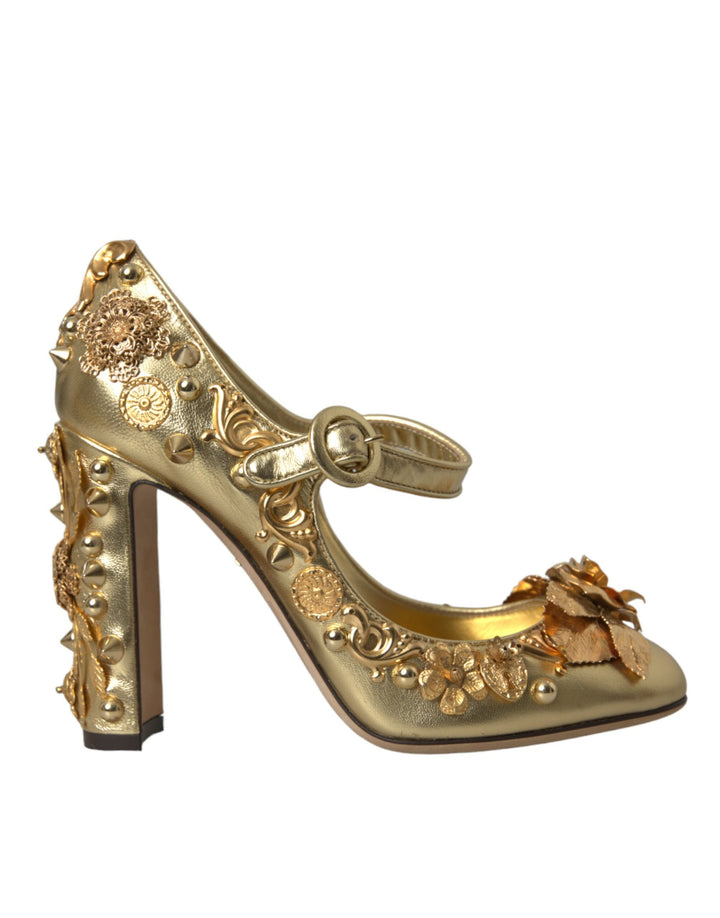Chaussures Escarpins Mary Janes en Cuir Doré et Cristal Dolce & Gabbana