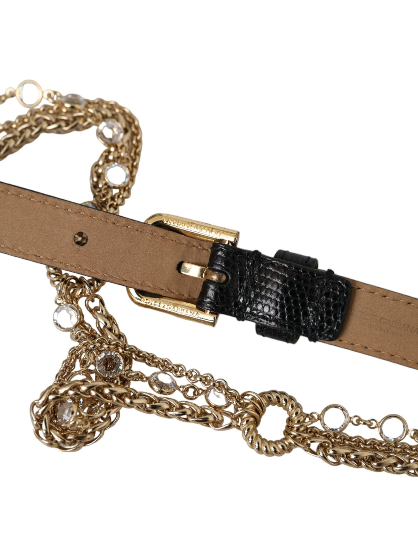 Cinturón para mujer Dolce & Gabbana de piel negra con cadena dorada y cristales
