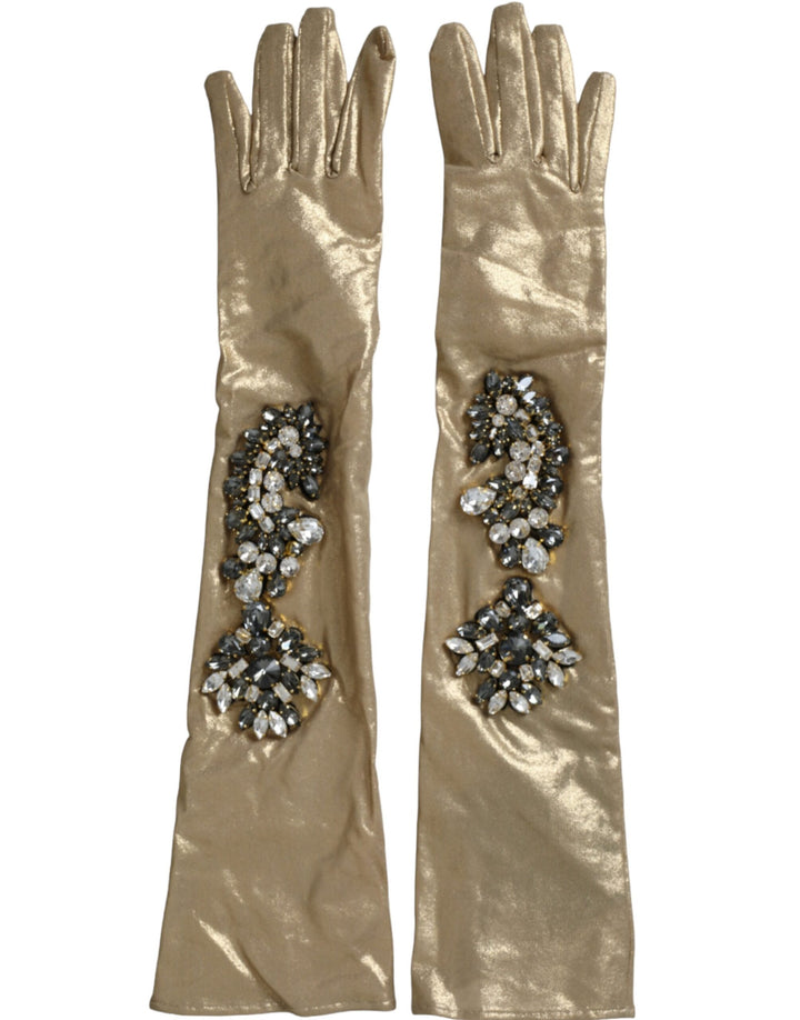 Gants Dolce & Gabbana longs jusqu'au coude en satin beige ornés de cristaux