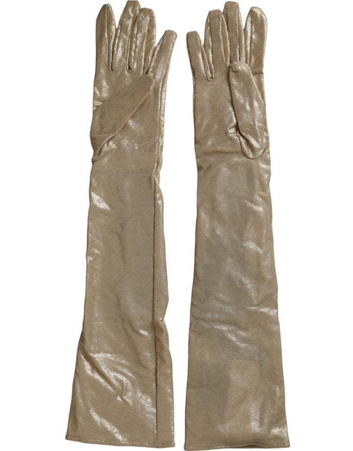 Gants Dolce & Gabbana longs jusqu'au coude en satin beige ornés de cristaux