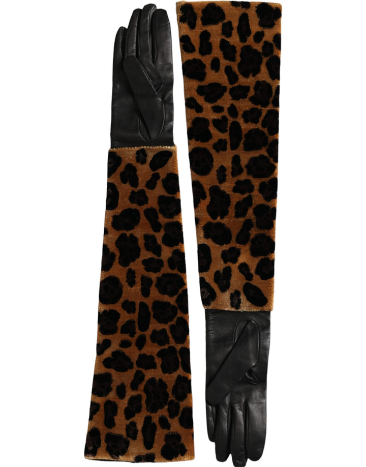 Gants mi-longs en cuir léopard noir et marron Dolce & Gabbana
