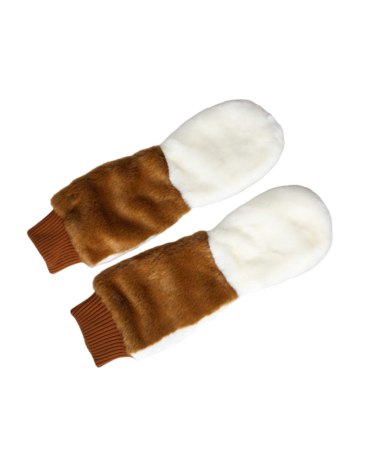Mouffles tricotées en fourrure acrylique marron et blanche Dolce & Gabbana