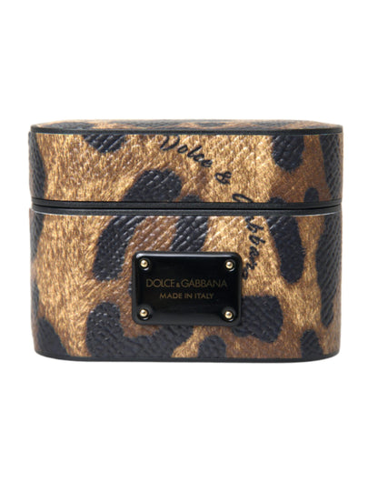 Estuche para Airpods Dolce & Gabbana de piel de becerro de leopardo marrón con placa con el logo de metal