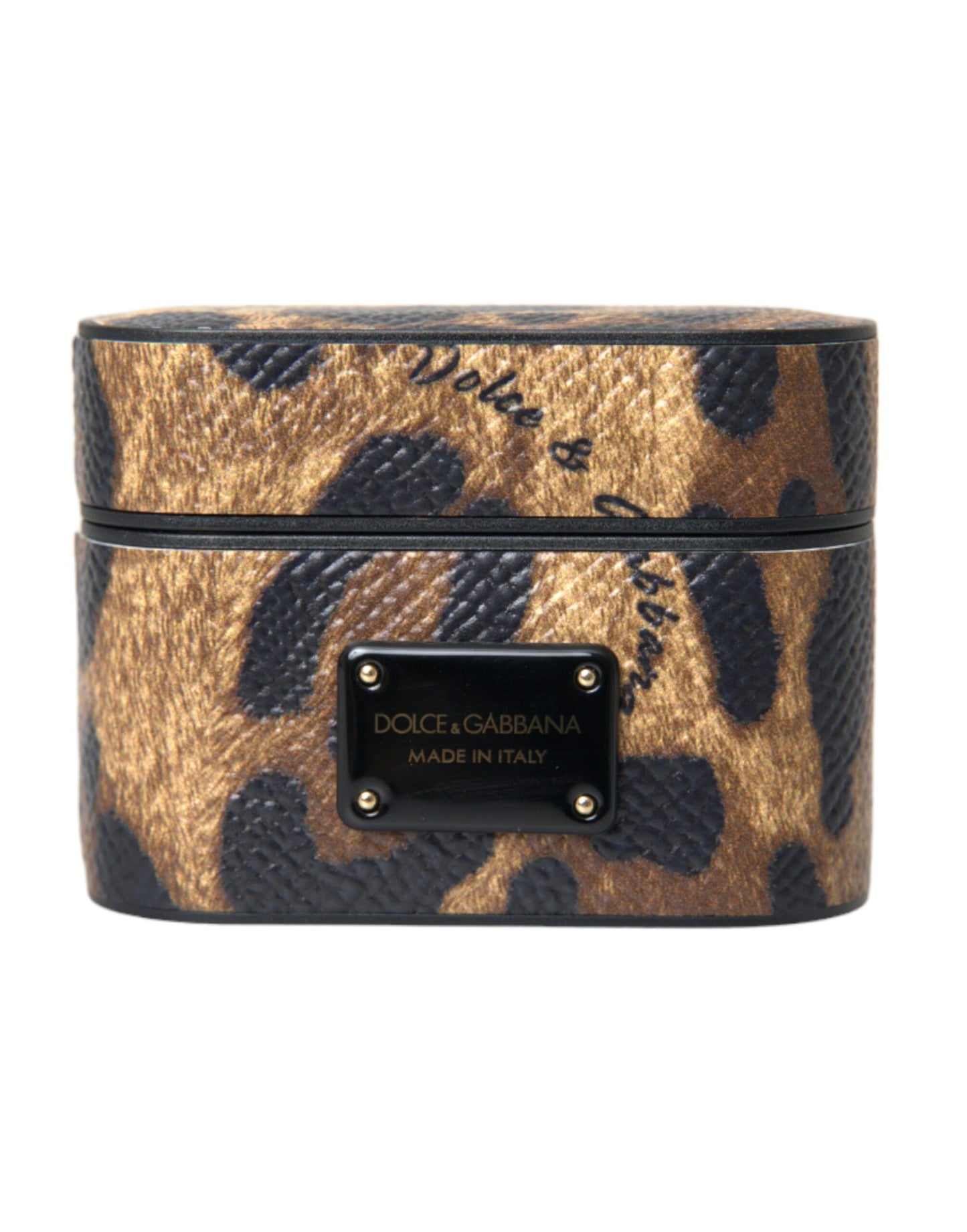 Estuche para Airpods Dolce & Gabbana de piel de becerro de leopardo marrón con placa con el logo de metal