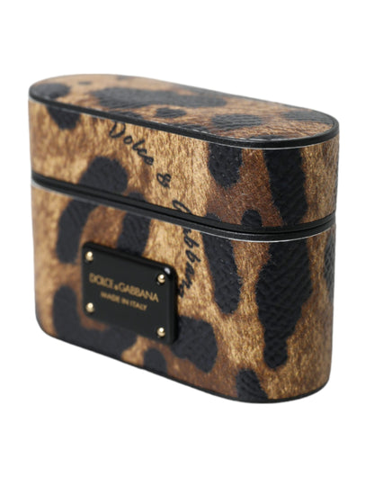 Estuche para Airpods Dolce & Gabbana de piel de becerro de leopardo marrón con placa con el logo de metal