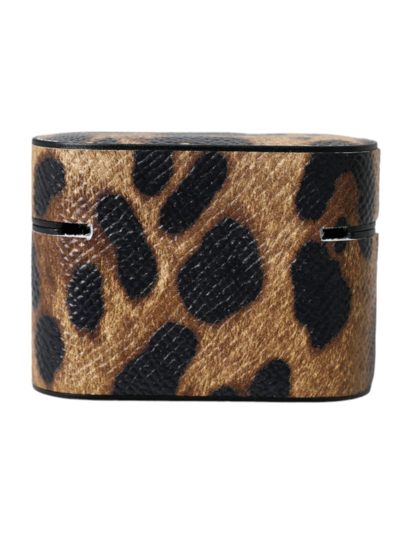 Estuche para Airpods Dolce & Gabbana de piel de becerro de leopardo marrón con placa con el logo de metal