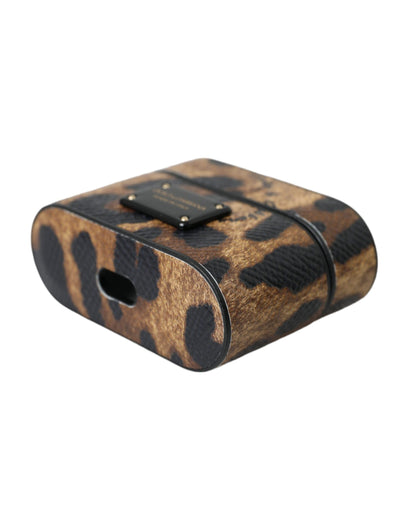 Estuche para Airpods Dolce & Gabbana de piel de becerro de leopardo marrón con placa con el logo de metal