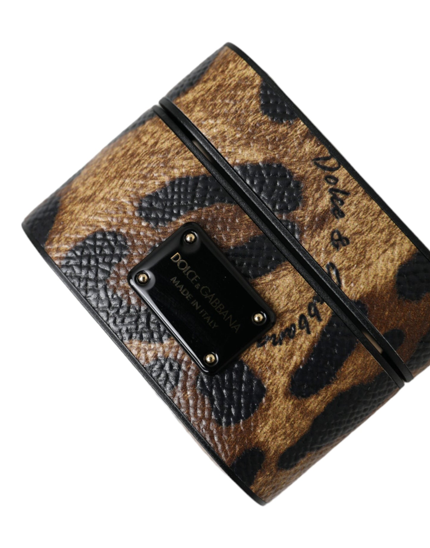 Estuche para Airpods Dolce & Gabbana de piel de becerro de leopardo marrón con placa con el logo de metal