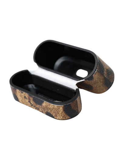 Estuche para Airpods Dolce & Gabbana de piel de becerro de leopardo marrón con placa con el logo de metal