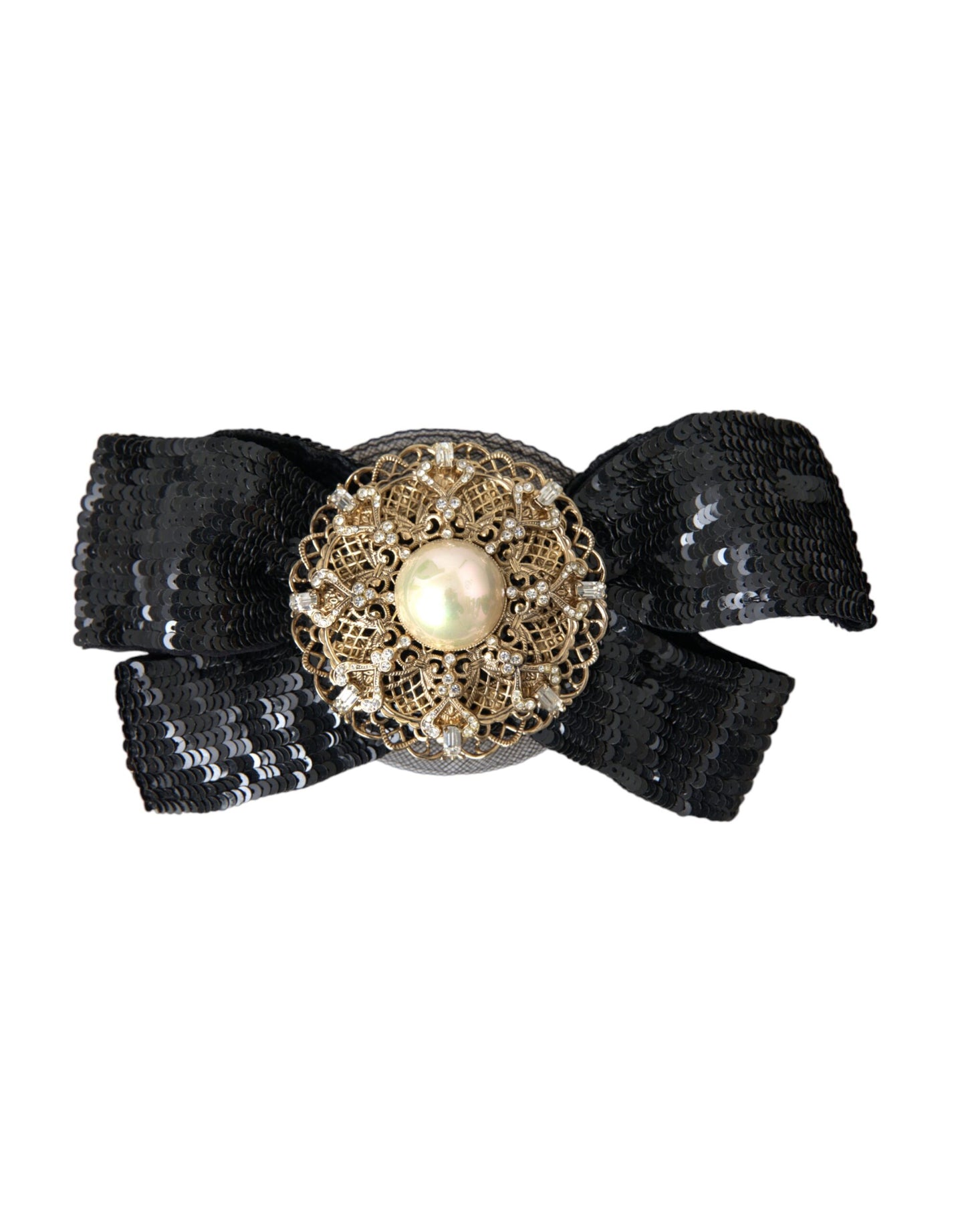 Dolce & Gabbana Broche Épingle à Cheveux Noire Faite Main avec Perles et Paillettes