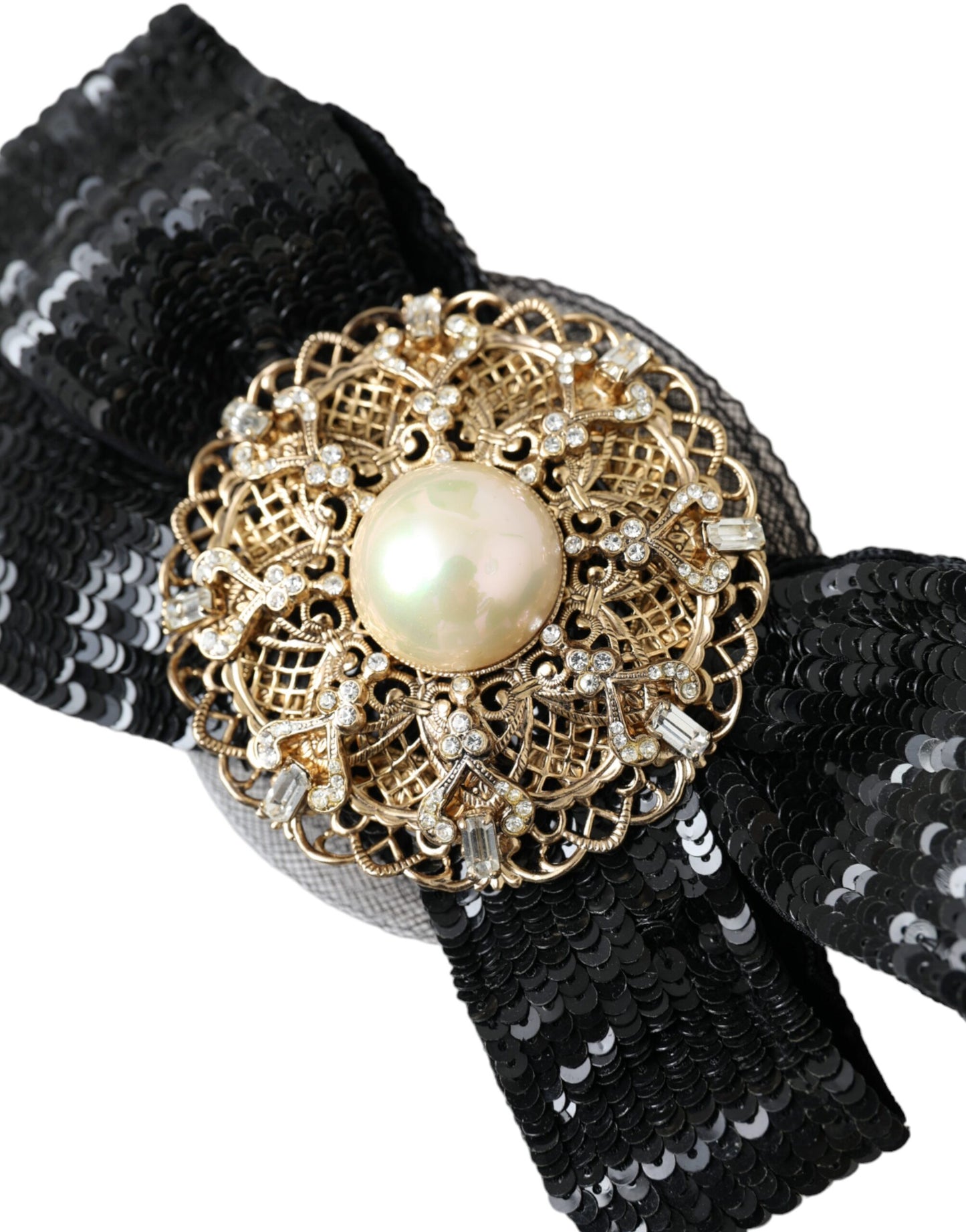 Dolce & Gabbana Broche Épingle à Cheveux Noire Faite Main avec Perles et Paillettes