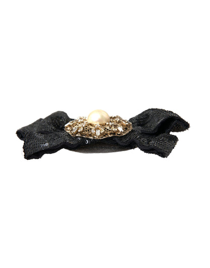 Dolce & Gabbana Broche Épingle à Cheveux Noire Faite Main avec Perles et Paillettes