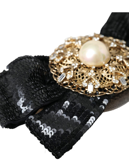 Dolce & Gabbana Broche Épingle à Cheveux Noire Faite Main avec Perles et Paillettes