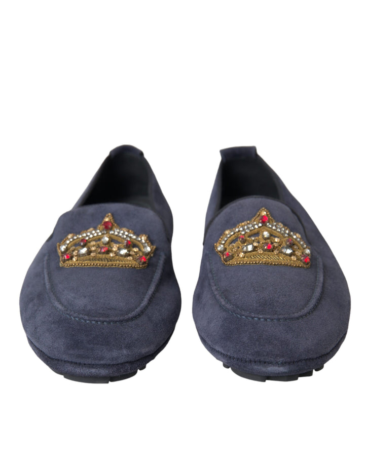 Zapatos Mocasines Dolce & Gabbana de Piel Azul y Ante con Corona de Cristales