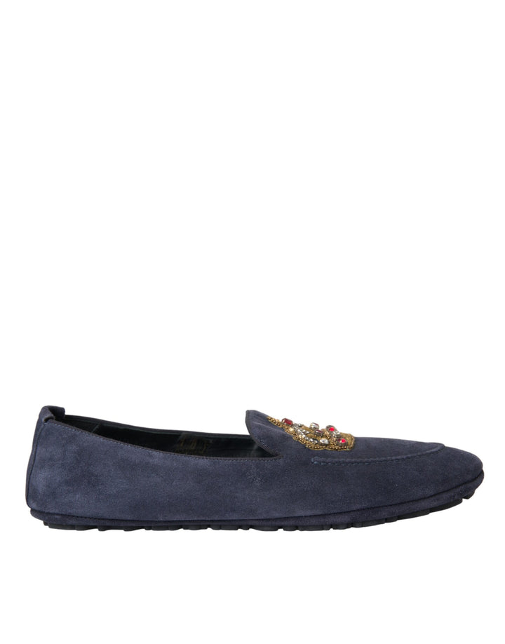 Zapatos Mocasines Dolce & Gabbana de Piel Azul y Ante con Corona de Cristales