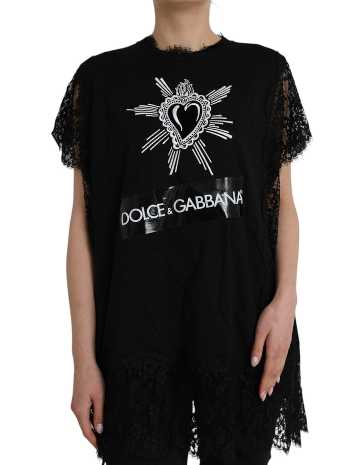 T-shirt Dolce & Gabbana en coton à imprimé Sacré-Cœur et dentelle noire