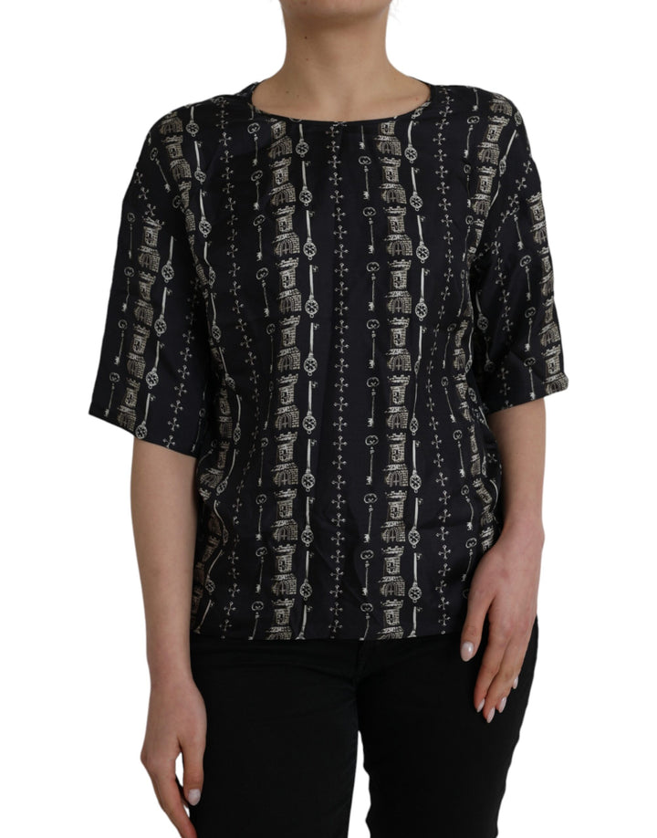 Chemisier T-shirt en soie à imprimé château clé noir Dolce & Gabbana