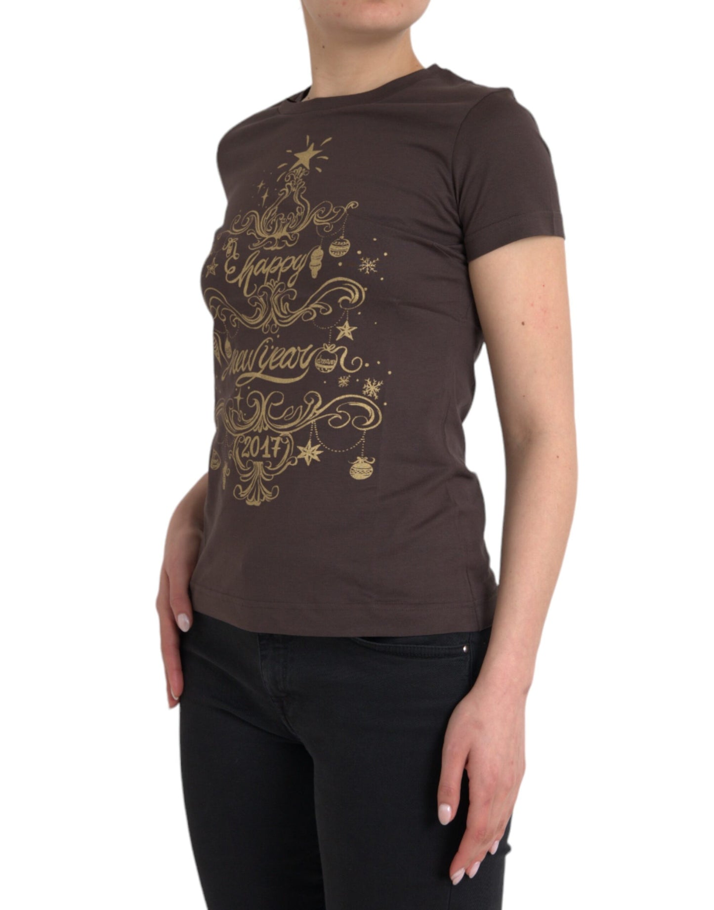 Camiseta Dolce & Gabbana marrón de cuello redondo con estampado de motivo 2017