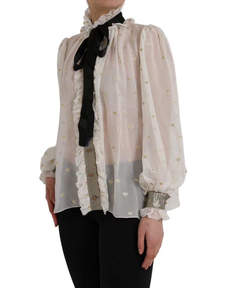 Blusa Dolce & Gabbana de mezcla de seda blanquecina con cuello Ascot
