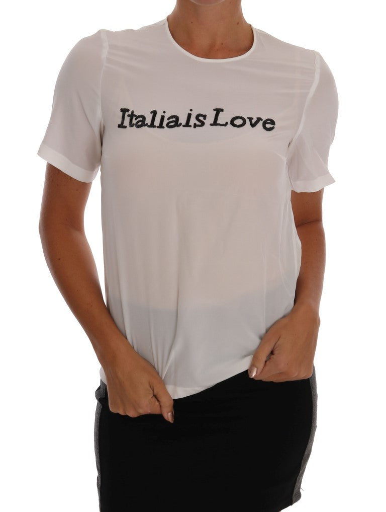 Chemisier T-shirt Dolce & Gabbana en Soie Blanche ITALIA IS LOVE