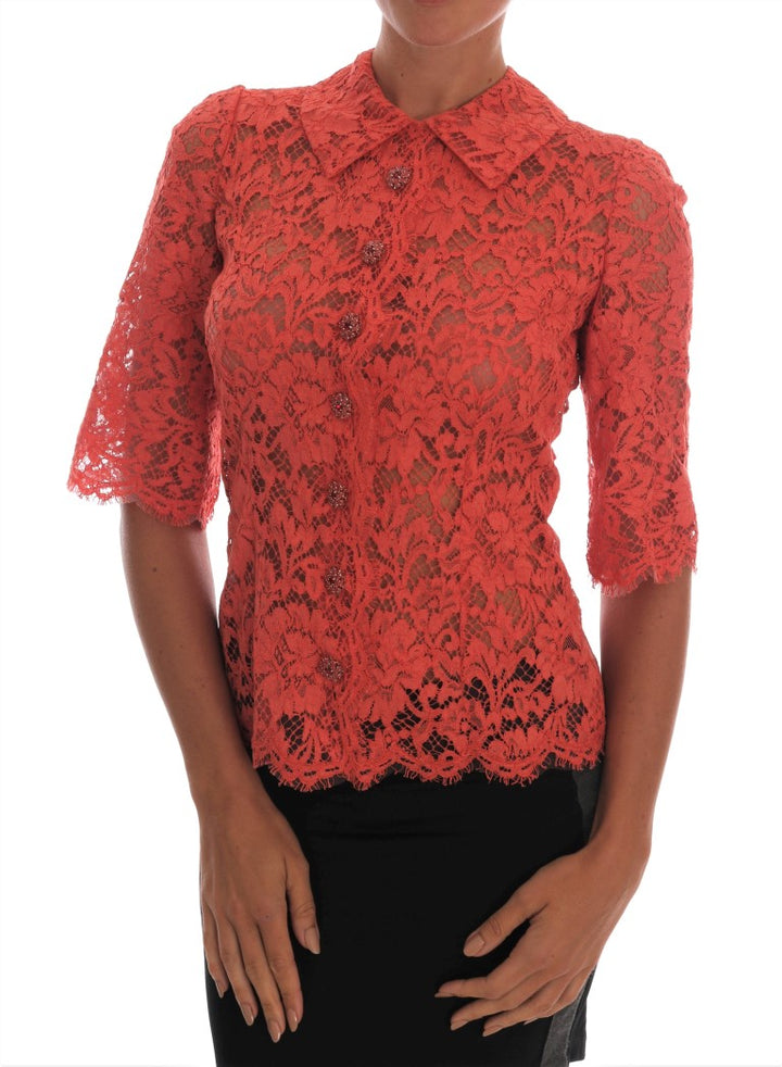 Blusa de encaje floral Dolce & Gabbana con botones de cristal naranja