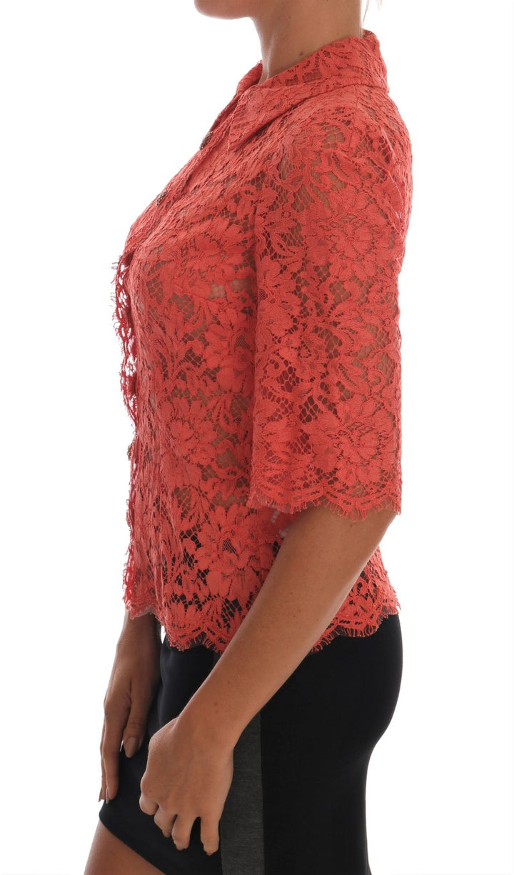 Blusa de encaje floral Dolce & Gabbana con botones de cristal naranja