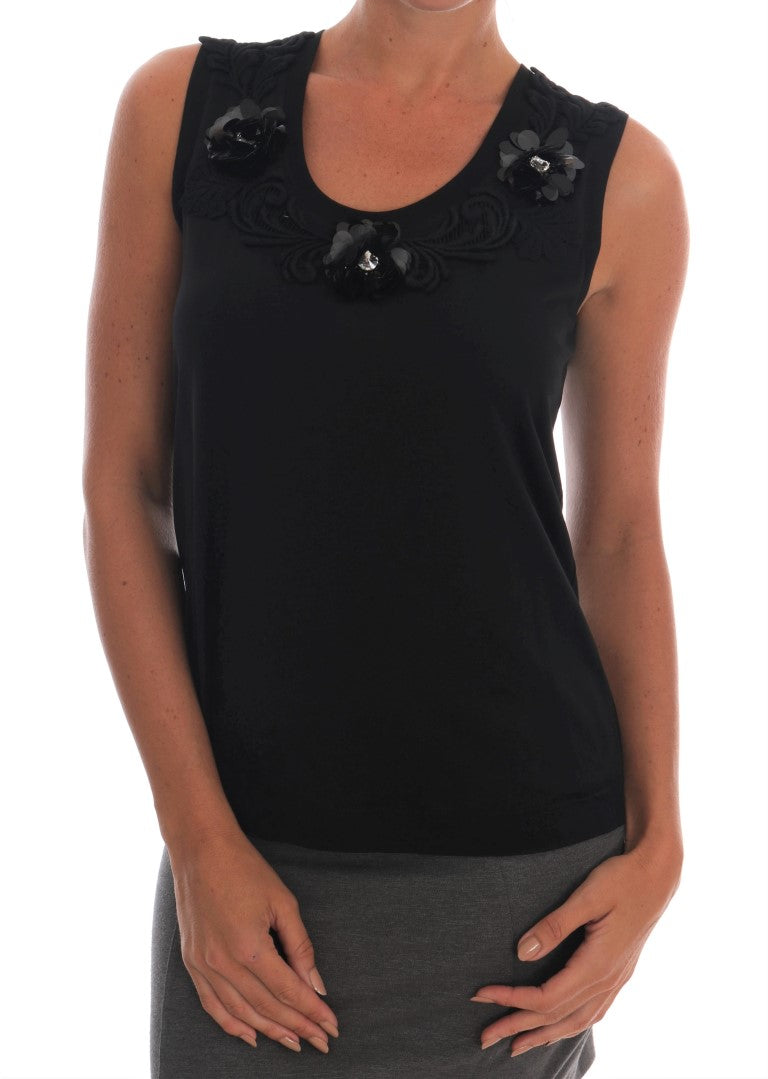 Débardeur Dolce & Gabbana en coton noir à fleurs et cristaux