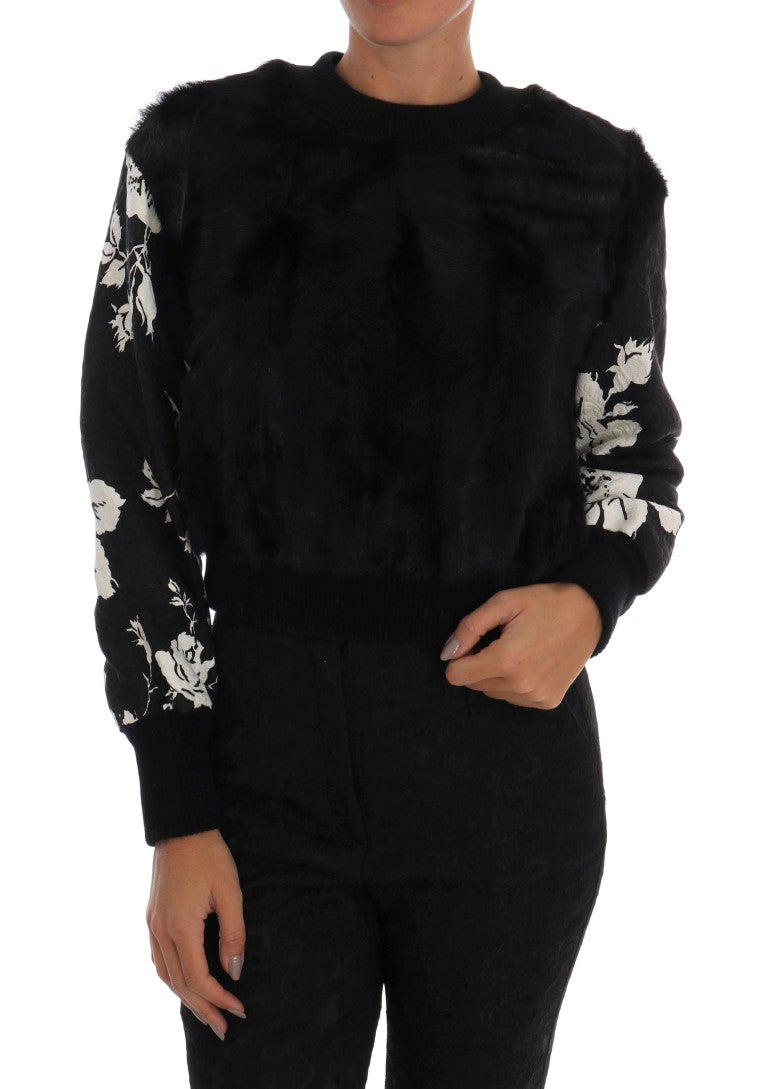 Pull zippé Dolce & Gabbana en fourrure noire et brocart floral