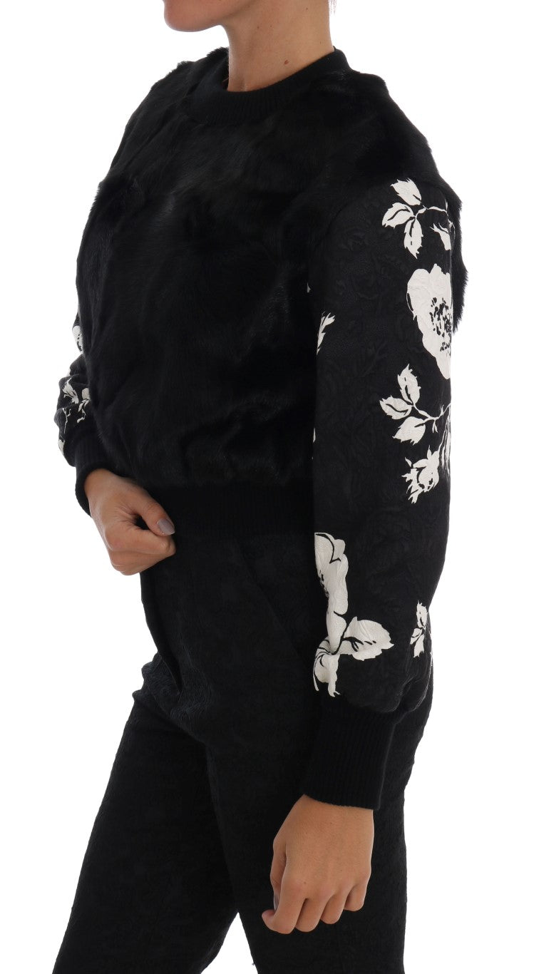 Pull zippé Dolce & Gabbana en fourrure noire et brocart floral