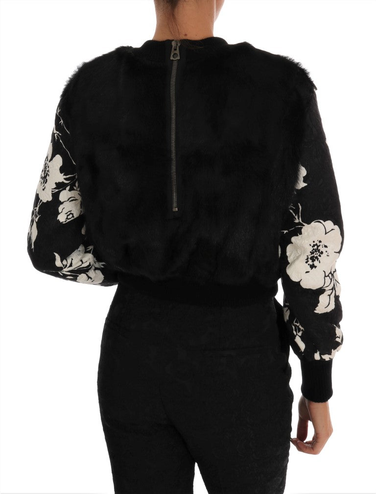 Pull zippé Dolce & Gabbana en fourrure noire et brocart floral