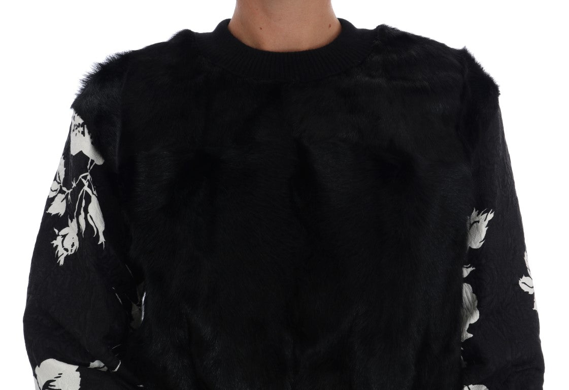 Pull zippé Dolce & Gabbana en fourrure noire et brocart floral