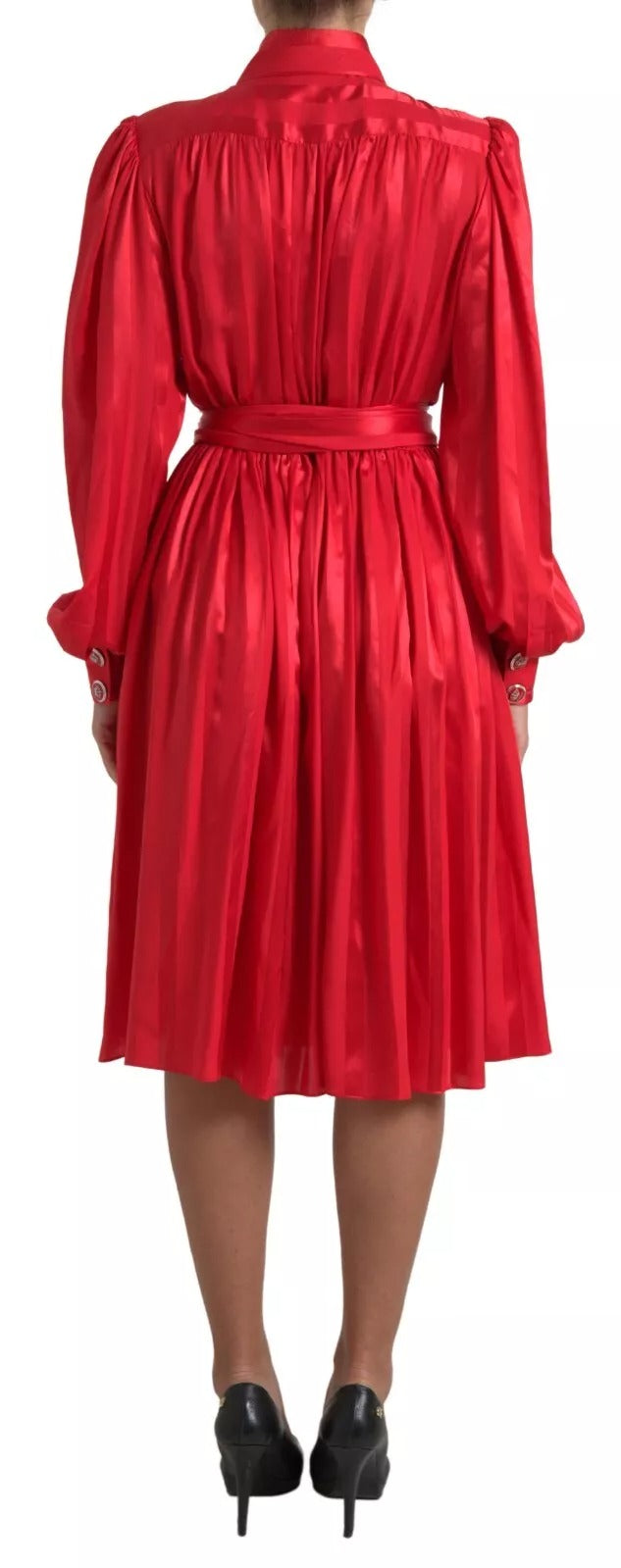 Robe mi-longue en satin de soie rouge Dolce & Gabbana boutonnée à ceinture