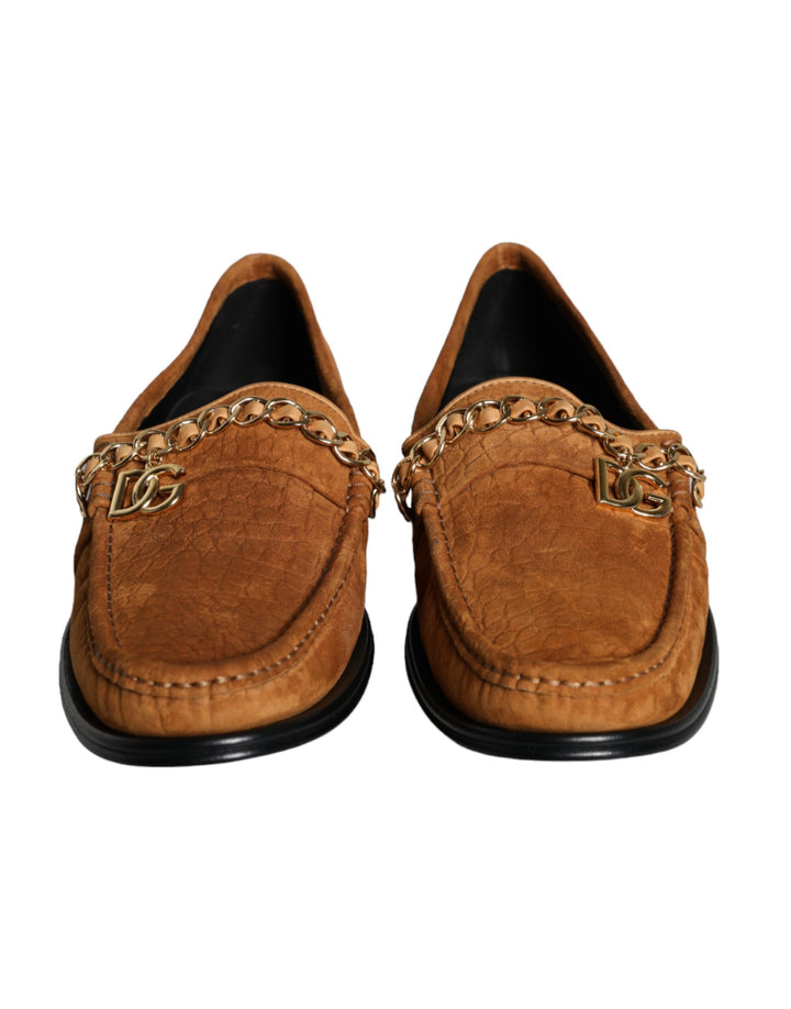 Chaussures mocassins Dolce & Gabbana en velours marron et cuir avec logo à enfiler