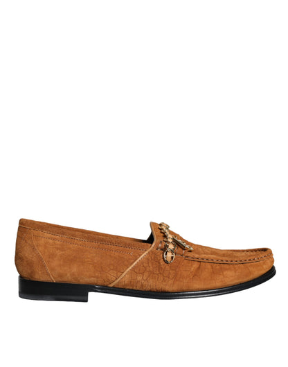 Chaussures mocassins Dolce & Gabbana en velours marron et cuir avec logo à enfiler