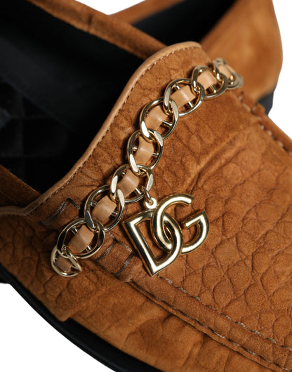 Chaussures mocassins Dolce & Gabbana en velours marron et cuir avec logo à enfiler
